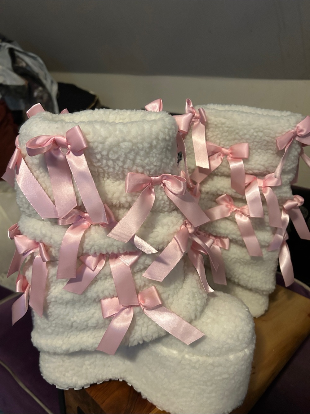 Sugar Thrillz White Sherpa Platform Boots with Pink Satin Bows